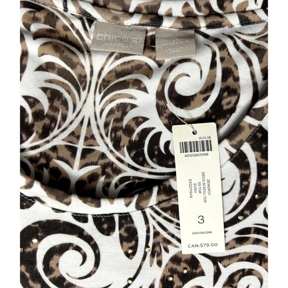 Chico's Zenergy 3 XL Brown White Scroll Top Beaded Stretch Knit Boho Blouse NWT - Picture 8 of 10